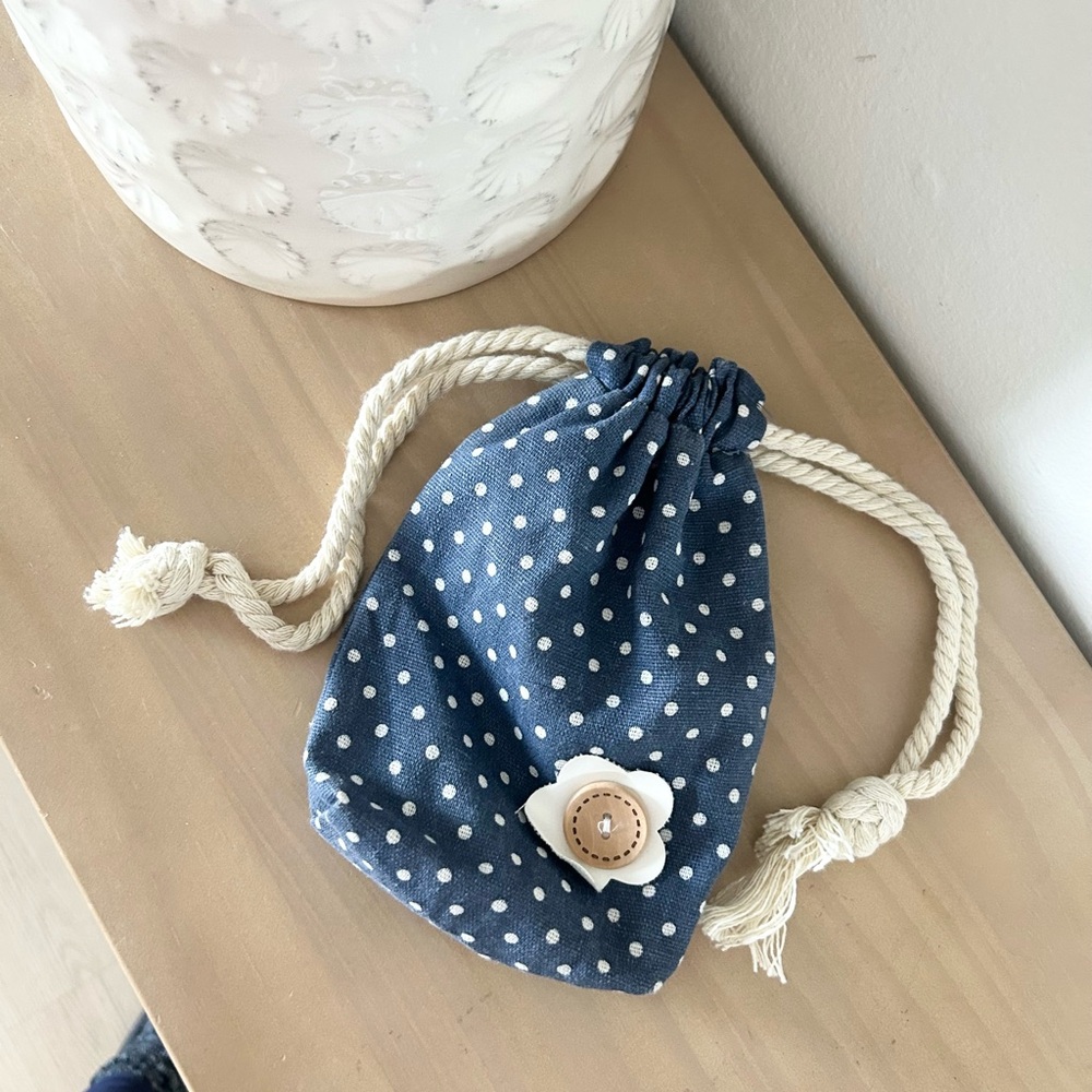 Kids Polka Dot Navy Drawstring Pouch Bag with Flower Button